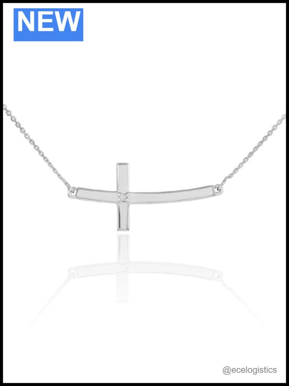 Sterling Silver Curved Sideways Cross Diamond Pendant Necklace 925